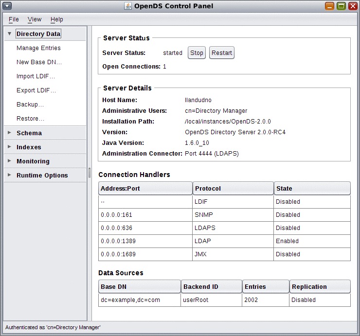 Sun OpenDS Control Panel